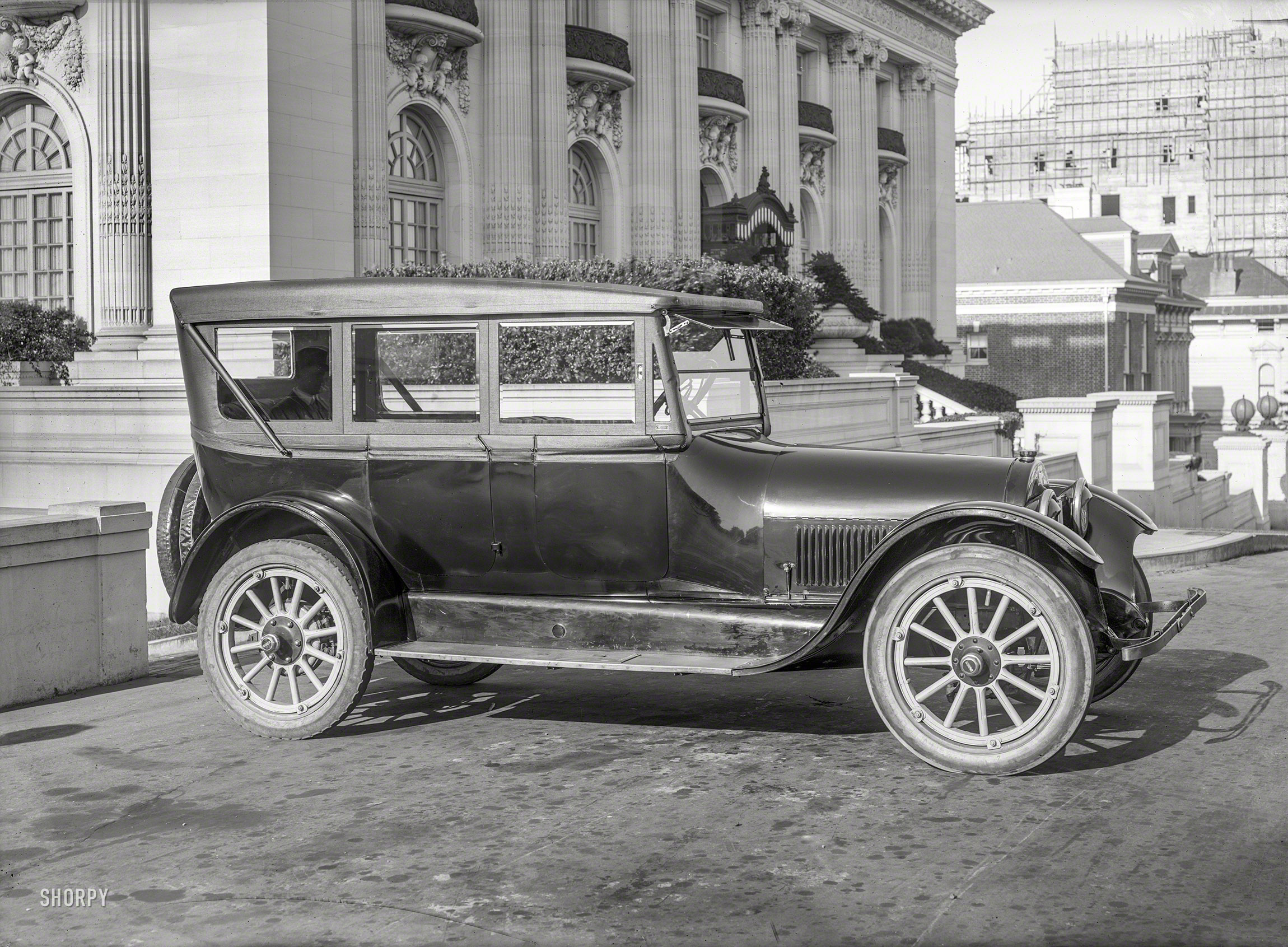 San Francisco circa 1920. "Buick, Pacific Heights." Wearing a spiffy "California top." 5x7 glass negative by Christopher Helin. View full size.