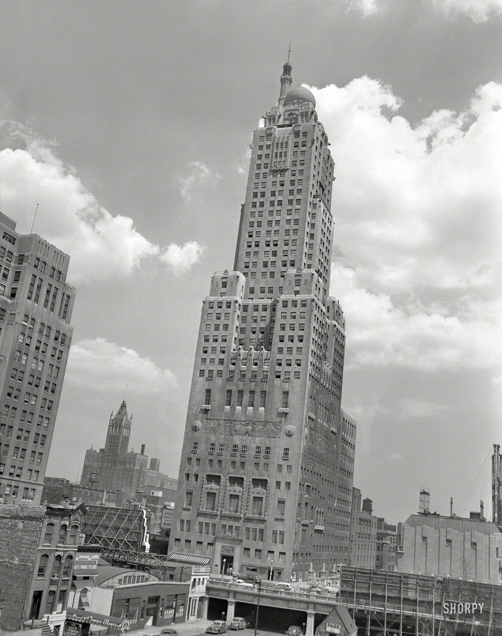 August 6, 1947. "Continental Hotel, Chicago." 45-story tower completed in 1929; the onion dome encloses a spiral staircase leading to a small observatory. 4x5 acetate negative from the News Archive. View full size.