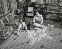November 1953. "Scrabble inventor Alfred Butts & promoter James Brunot posed with oversized game." Acetate negative by Arthur Rothstein from photos for the Look magazine assignment "For Women Only -- Word Rage." View full size.