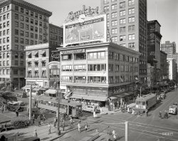 June 1, 1935. "San Francisco. Union Square at Geary and Stockton." Where businesses vying for your trade include Owl Drug, Stubo Furs and Ann DeBritz's "School of Fashionable Dressmaking." 8x10 acetate negative, formerly of the Wyland Stanley and Marilyn Blaisdell collections. View full size.