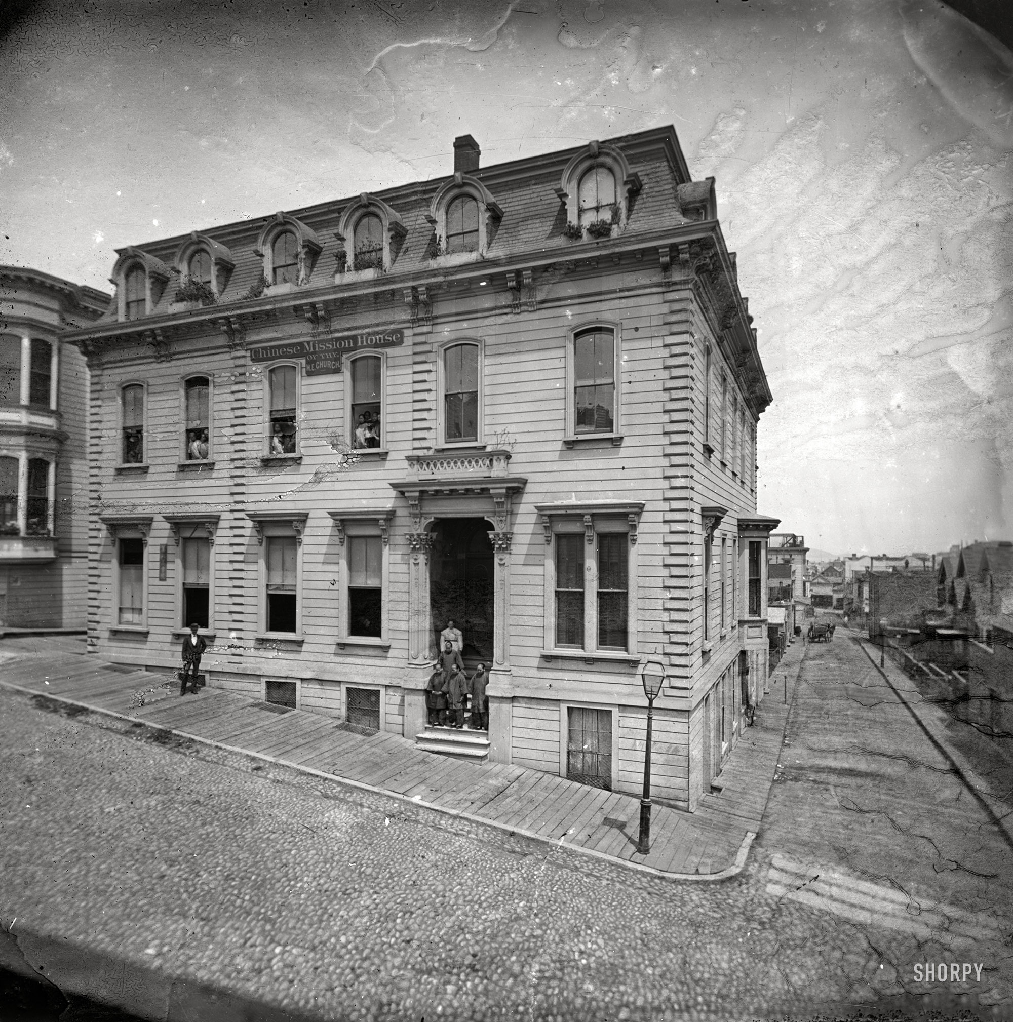 San Francisco circa 1880s. "Chinese Mission House of the M.E. Church, 916 Washington Street." 5x5 inch glass heliograph transparency, formerly of the Wyland Stanley and Marilyn Blaisdell collections. View full size.