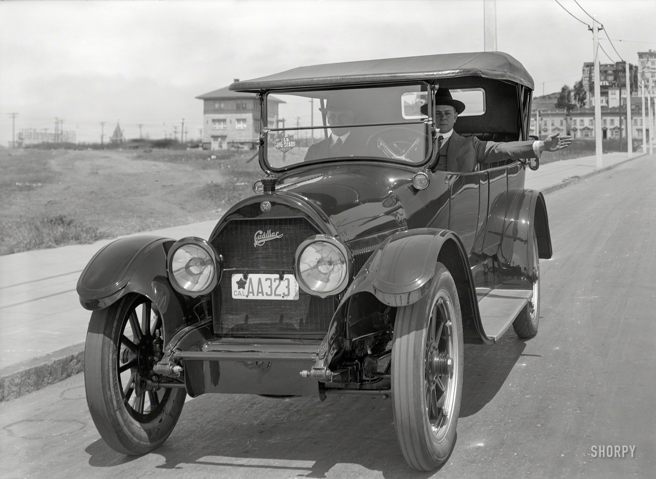 San Francisco, 1919. "Cadillac touring car at marina." Putting rubber to the road with a variety of treads. 5x7 glass negative by Christopher Helin. View full size.