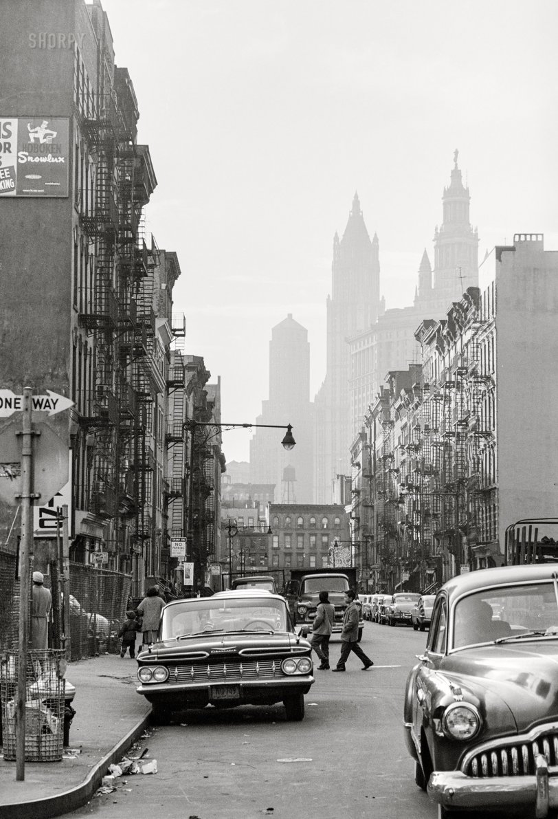 November 4, 1959. "People and cars, Essex Street and Henry Street, Lower East Side, New York City." 35mm acetate negative by Marion Trikosko for the U.S. News &amp; World Report assignment "Puerto Rican Story N.Y.C." USN&amp;WR Collection, Library of Congress. View full size.
