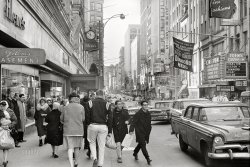 February 9, 1963. Boston, Massachusetts. "Pedestrians on Washington Street walking by Filene's department store." 35mm acetate negative by Thomas J. O'Halloran for the U.S. News & World Report assignment "Boston Commuter Experiment." View full size.