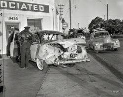 Circa 1953, it's another day and another accident, at 10453 Avenue X in Oakland, California. 4x5 acetate negative from the News Archive. View full size.