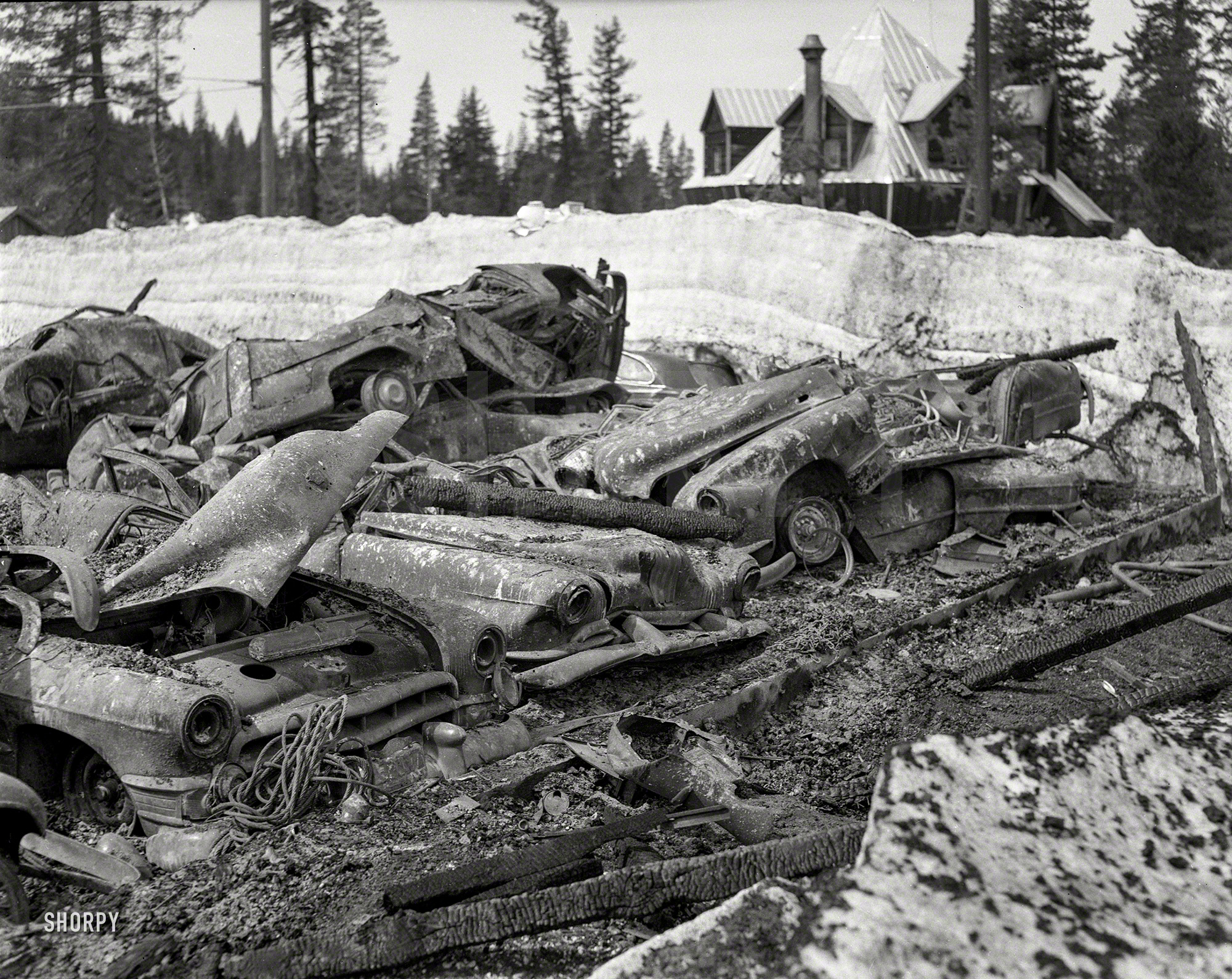 From mid-1950s California, the aftermath of an epic carbecue in what looks to be Sierra ski country. Please present your claim ticket to the valet! 4x5 inch acetate negative from the Shorpy News Photo Archive. View full size.