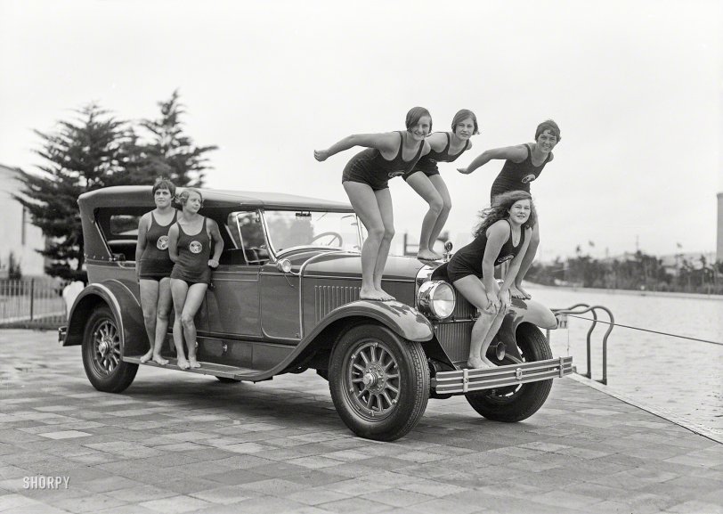 San Francisco circa 1927. "Cadillac and swimmers at Fleishhacker Pool." 5x7 glass negative formerly of the Wyland Stanley collection. View full size.
