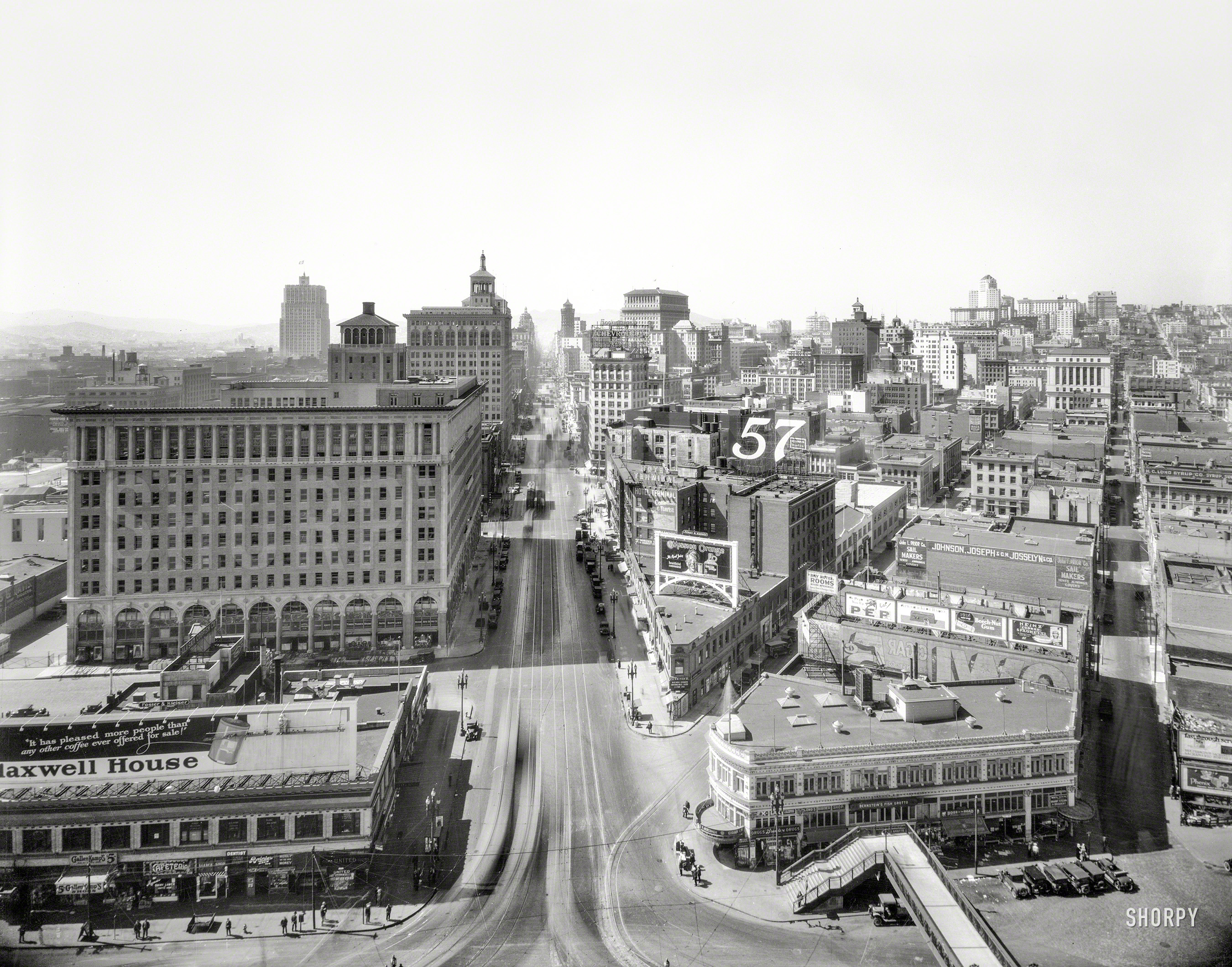 San Francisco ca. 1926. "Market Street from Ferry Building." Note the backwards Owl Cigar signage. 8x10 nitrate negative, photographer unknown. View full size.