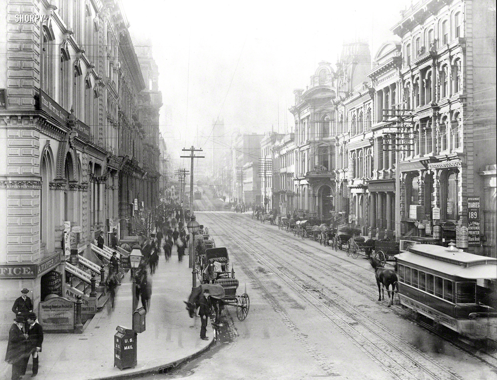 San Francisco circa 1890s. "California Street from Sansome Street." With a horsecar passing by. Copy negative of a photo by I.W. Taber. View full size.