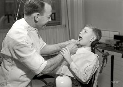 Circa 1950, it's the latest installment of the exciting new reality series "Dental Office." Medium-format negative of unknown provenance. View full size.