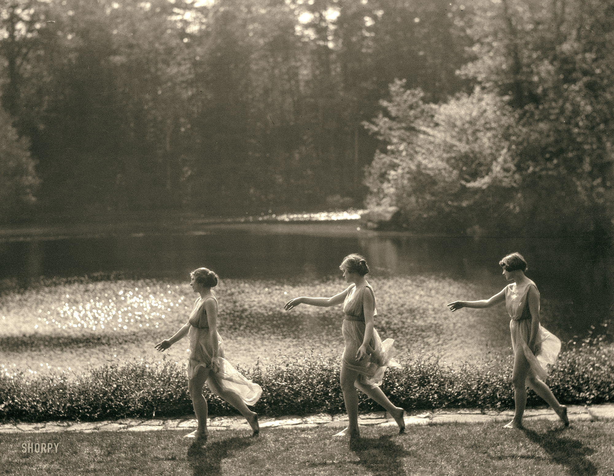 New York circa 1933. "Elizabeth Duncan dancers." Diaphanously draped, ready for a sun-dappled dip. 4x5 nitrate negative by Arnold Genthe. View full size.