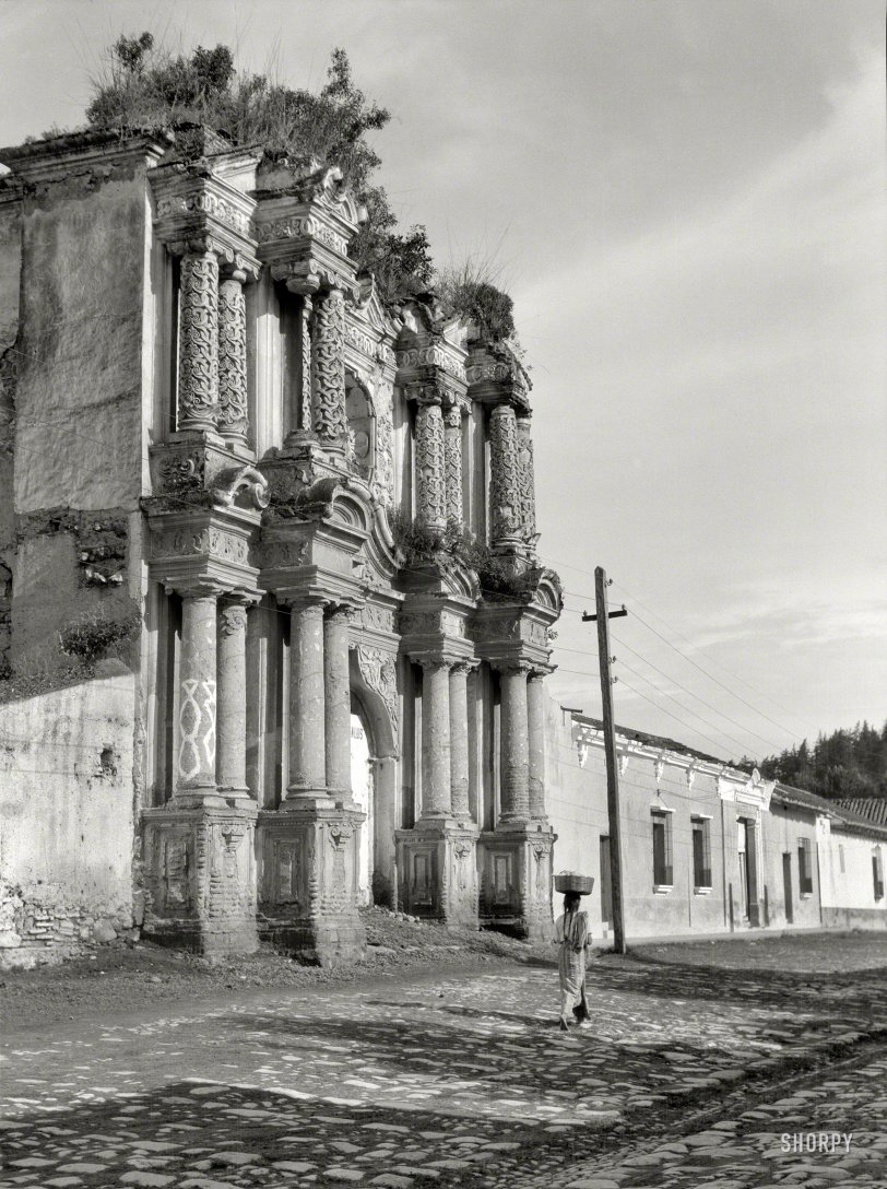 &nbsp; &nbsp; &nbsp; &nbsp; Seventeenth-century church remodeled by a series of earthquakes into picturesque ruination.
Circa 1915. "Travel views of Guatemala. View from northeast of Iglesia el Carmen, Antigua." 4x5 nitrate negative by Arnold Genthe. View full size.
