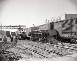 "Railyard accident." Oakland again, circa 1954, and the Curious Case of the Tipped Trailer. 4x5 acetate negative from the News Photo Archive. View full size.