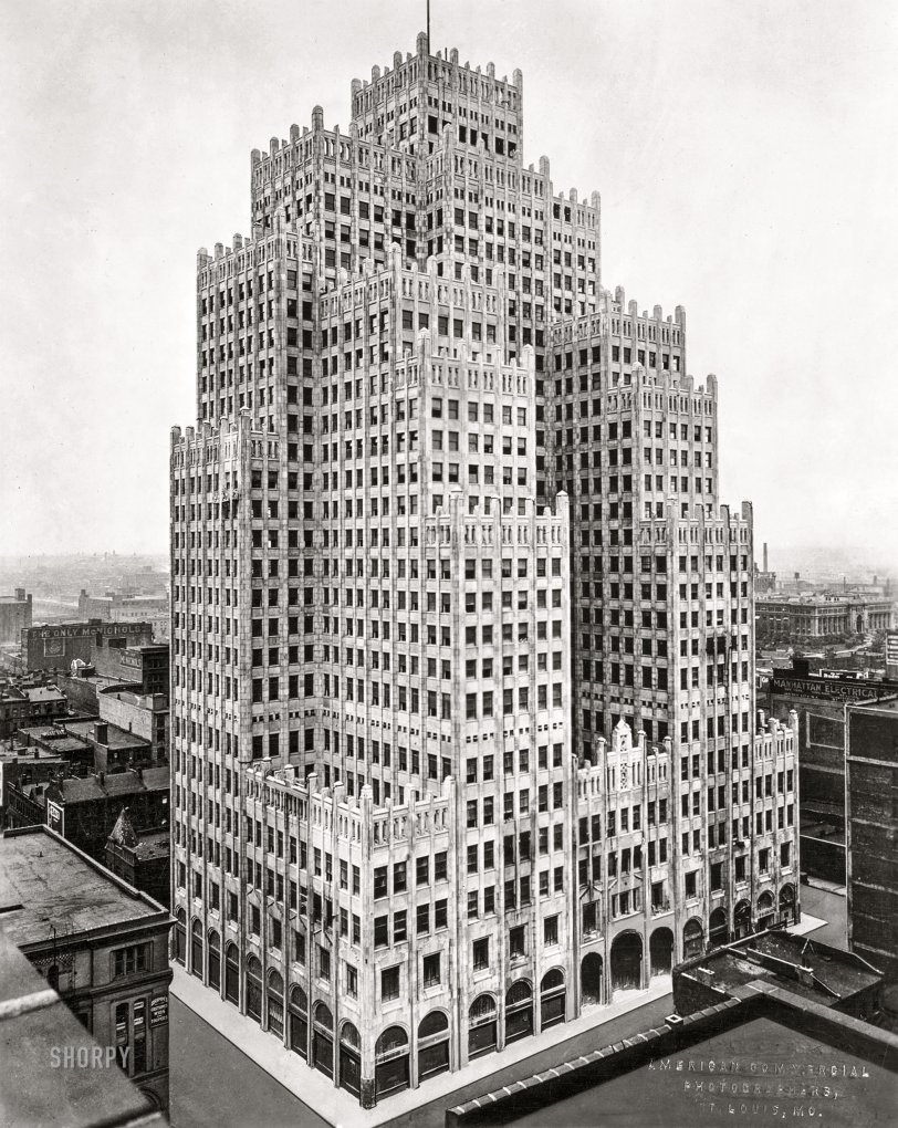 St. Louis, Missouri, circa 1930. "Southwestern Bell Telephone Building, Pine Street." Gelatin silver print by American Commercial Photographers. View full size.