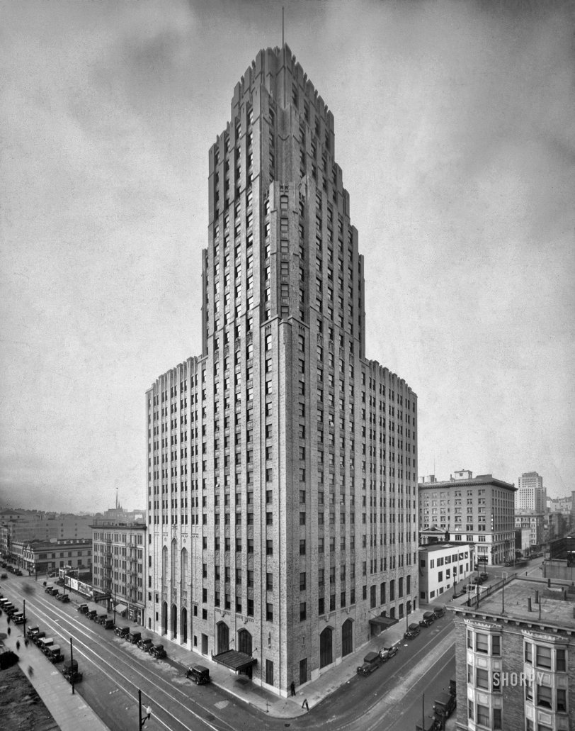San Francisco circa 1930. "William Taylor Hotel, McAllister and Leavenworth streets."  This 28-story agglomeration of Gothic Revival, Art Deco and Art Moderne styles housed a "superchurch" -- Temple Methodist Episcopal, and was named in honor of the street preacher who formed the city's first Methodist congregation. Gelatin silver print. View full size.