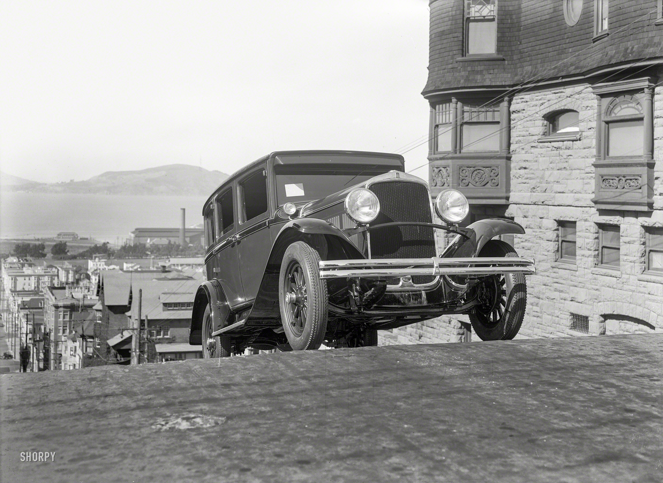 San Francisco circa 1928. "DeSoto sedan cresting hill." Last seen here a year ago, making steady progress up Webster Street toward points unknown. 5x7 inch glass negative by automotive impresario Christopher Helin. View full size.