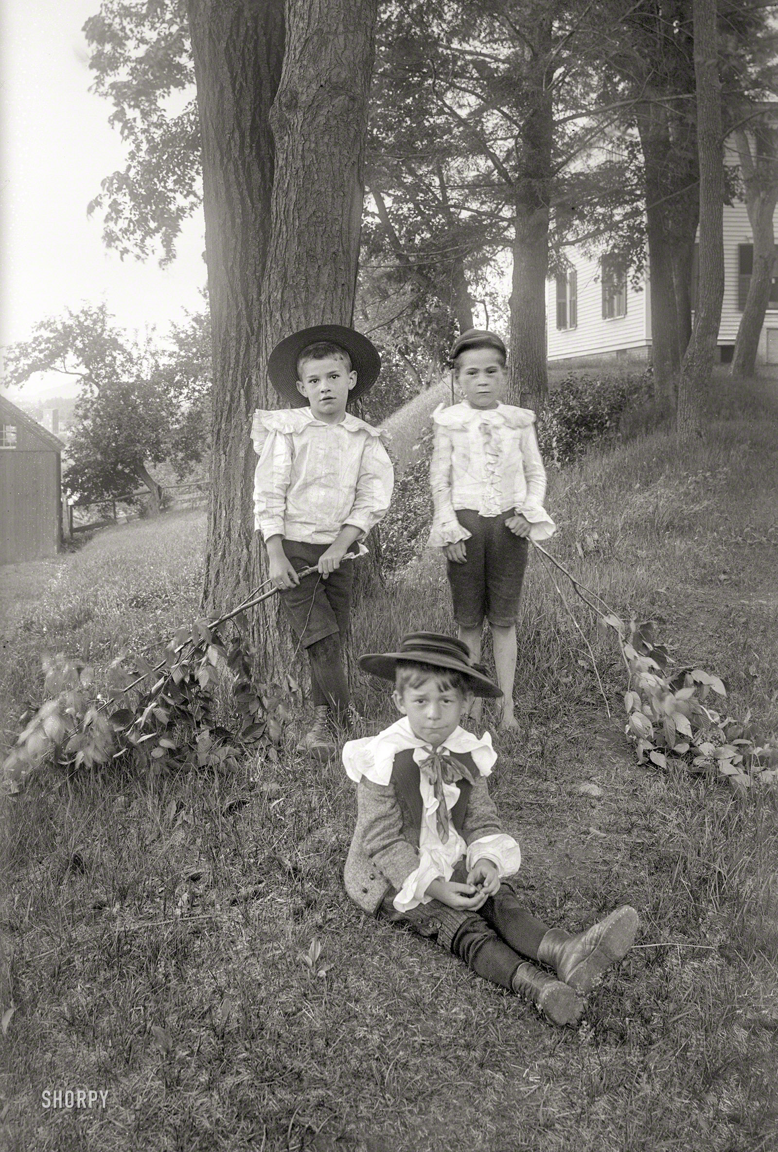 From New England circa 1900 comes a young fellow who looks like he'd rather be somewhere else, wearing anything but this ridiculous getup Aunt Polly made him put on. Good thing they haven't invented the Internet yet, kid. 5x8 inch glass negative, probably an estate-sale find. View full size.