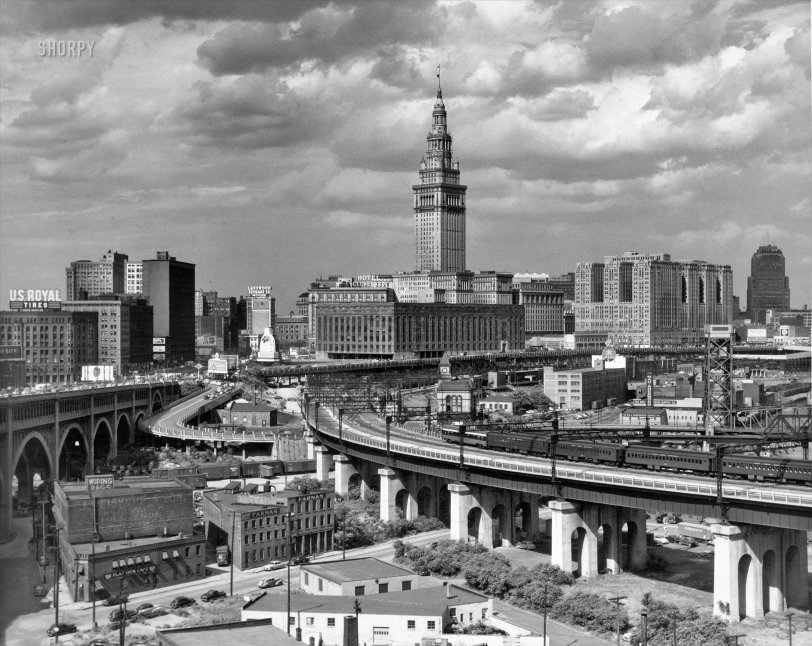 Summer 1950. "Heart of downtown Cleveland, Ohio, and Union Terminal Group (Terminal Tower and Hotel Cleveland)." Gelatin silver print by Carl McDow. View full size.
