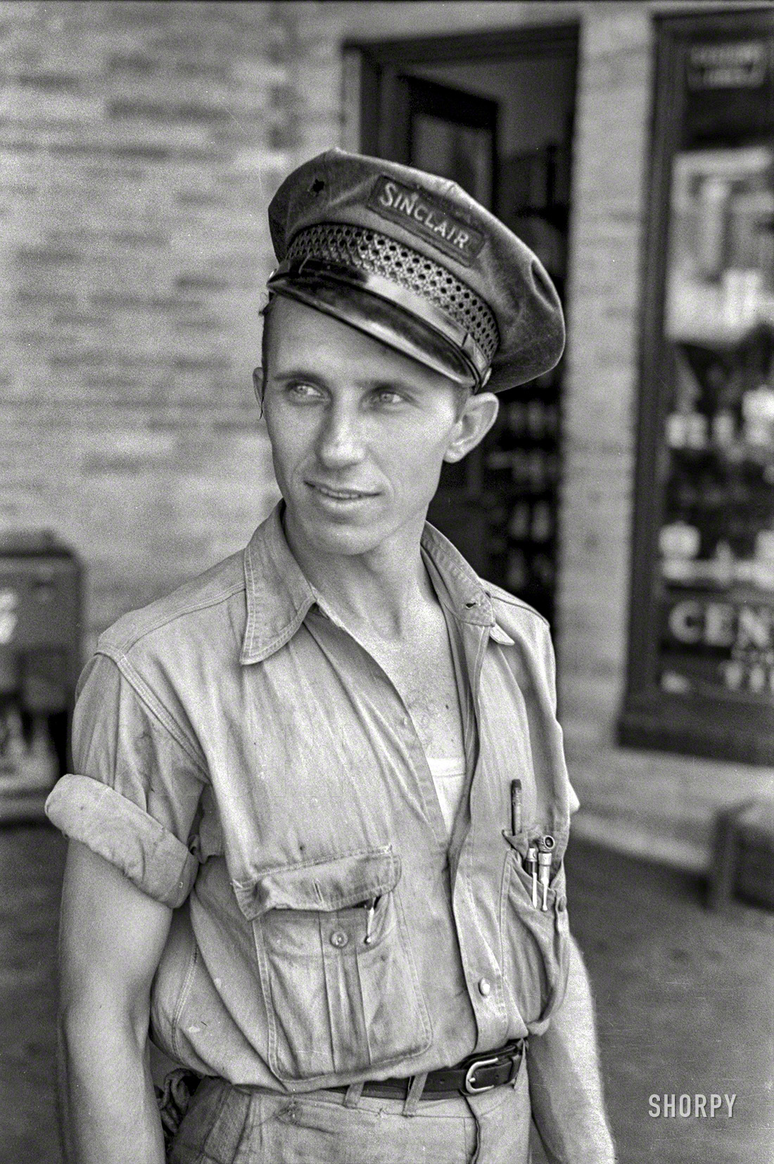 August 1939. "Service station operator in Seminole, Oklahoma." 35mm nitrate negative by Russell Lee for the Farm Security Administration. View full size.