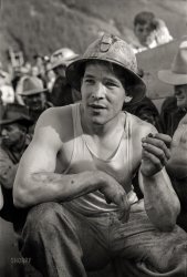 September 1940. "Miner who won power-drilling contest at the Labor Day celebration in Silverton, Colorado." Photo by Russell Lee. View full size.