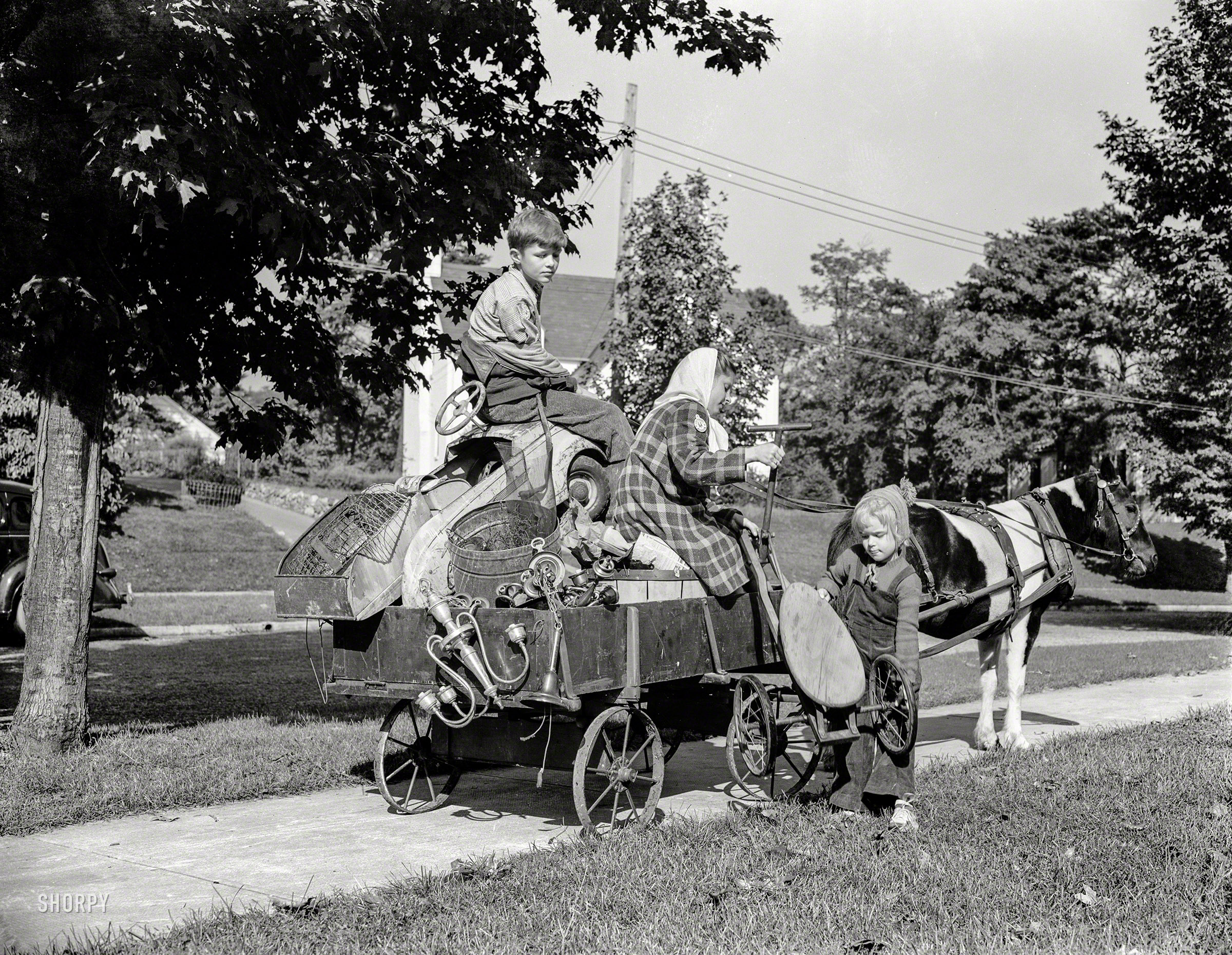 October 1942. "Manpower, junior size. The charge of the scrap brigade in Roanoke, Virginia, includes such methods of collecting as this pony cart. The patriotic and energetic youngsters of the town are making an all-out effort to corner every available piece of scrap in the city, so that their soldier and sailor brothers will have the shells, guns, and tanks with which to beat the Axis." 4x5 inch nitrate negative by Valentino Sarra for the Office of War Information. View full size.