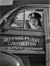 October 1942. Milwaukee, Wisconsin. "Women in war. Supercharger plant workers. To replace men who have been called to armed service, many young girls like 19-year-old Jewel Halliday are taking jobs never before held by women. Her job is shuttling workers between two Midwest war plants for Allis-Chalmers Manufacturing Co." Photo by Ann Rosener for the Office of War Information. View full size.