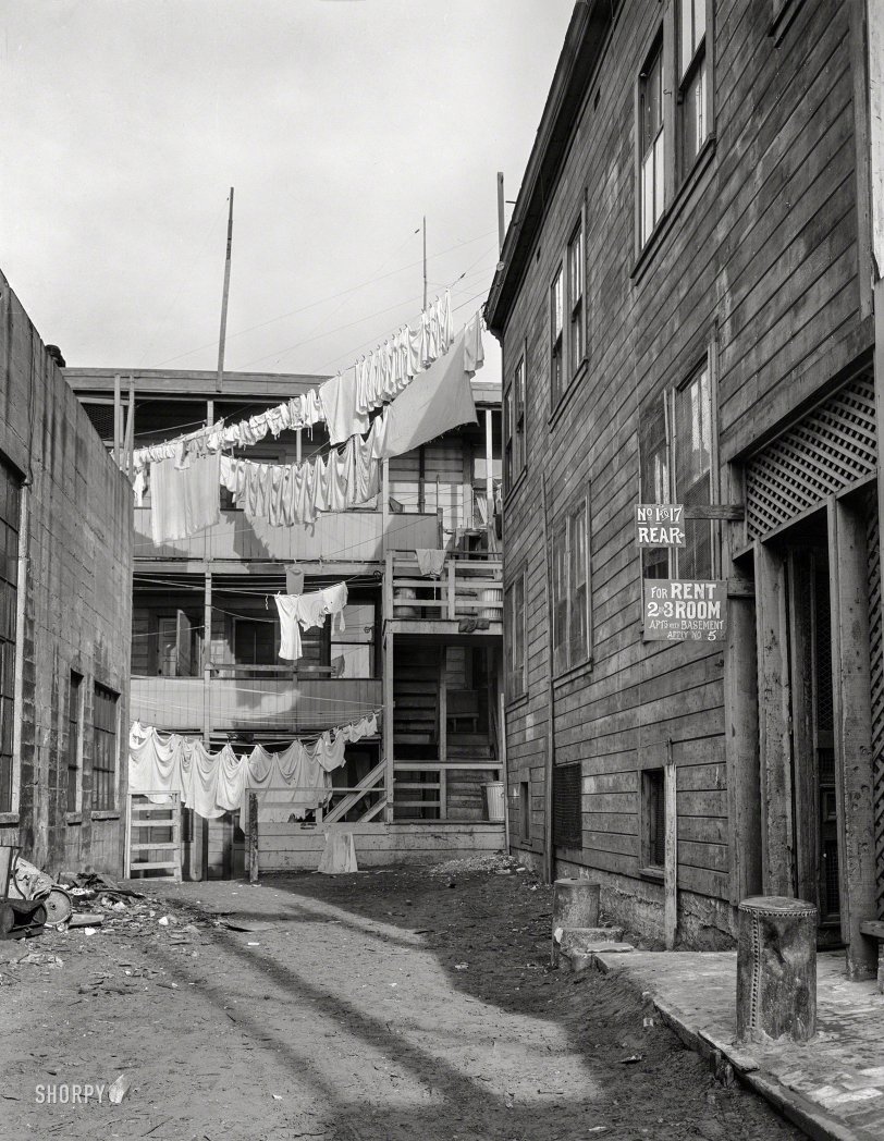February 1936. "Mission District. Slums of San Francisco, California." 4x5 negative by Dorothea Lange for the Farm Security Administration. View full size.
