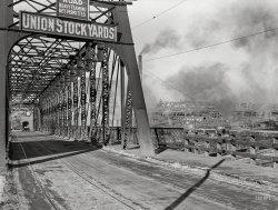 November 1938. "Entrance to Union Stockyards. Omaha, Nebraska." Medium format negative by John Vachon, Farm Security Administration. View full size.