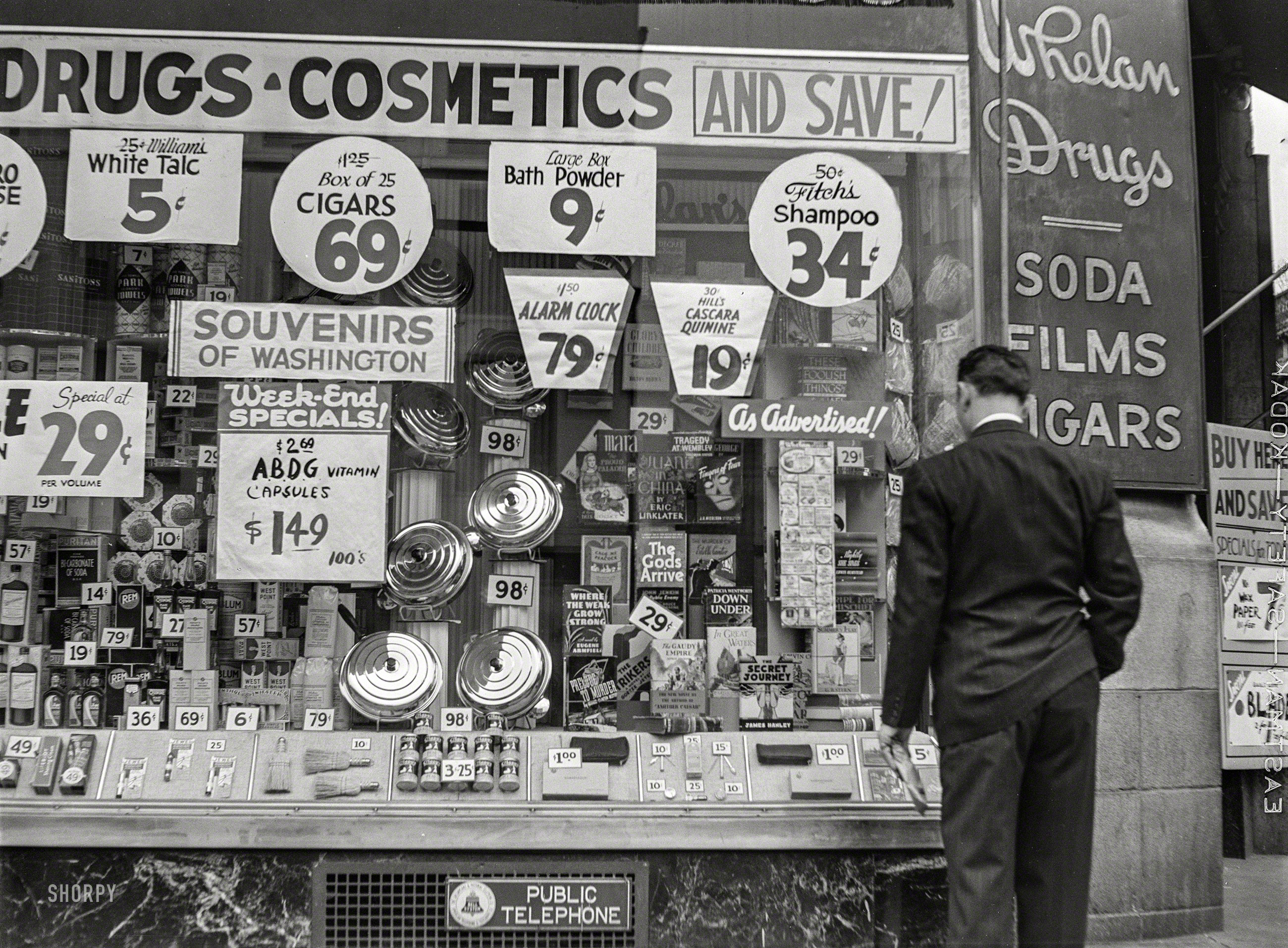 Spring 1939. "Drugstore window in Washington, D.C." Medium format acetate negative by David Moffat Myers for the Farm Security Administration. View full size.