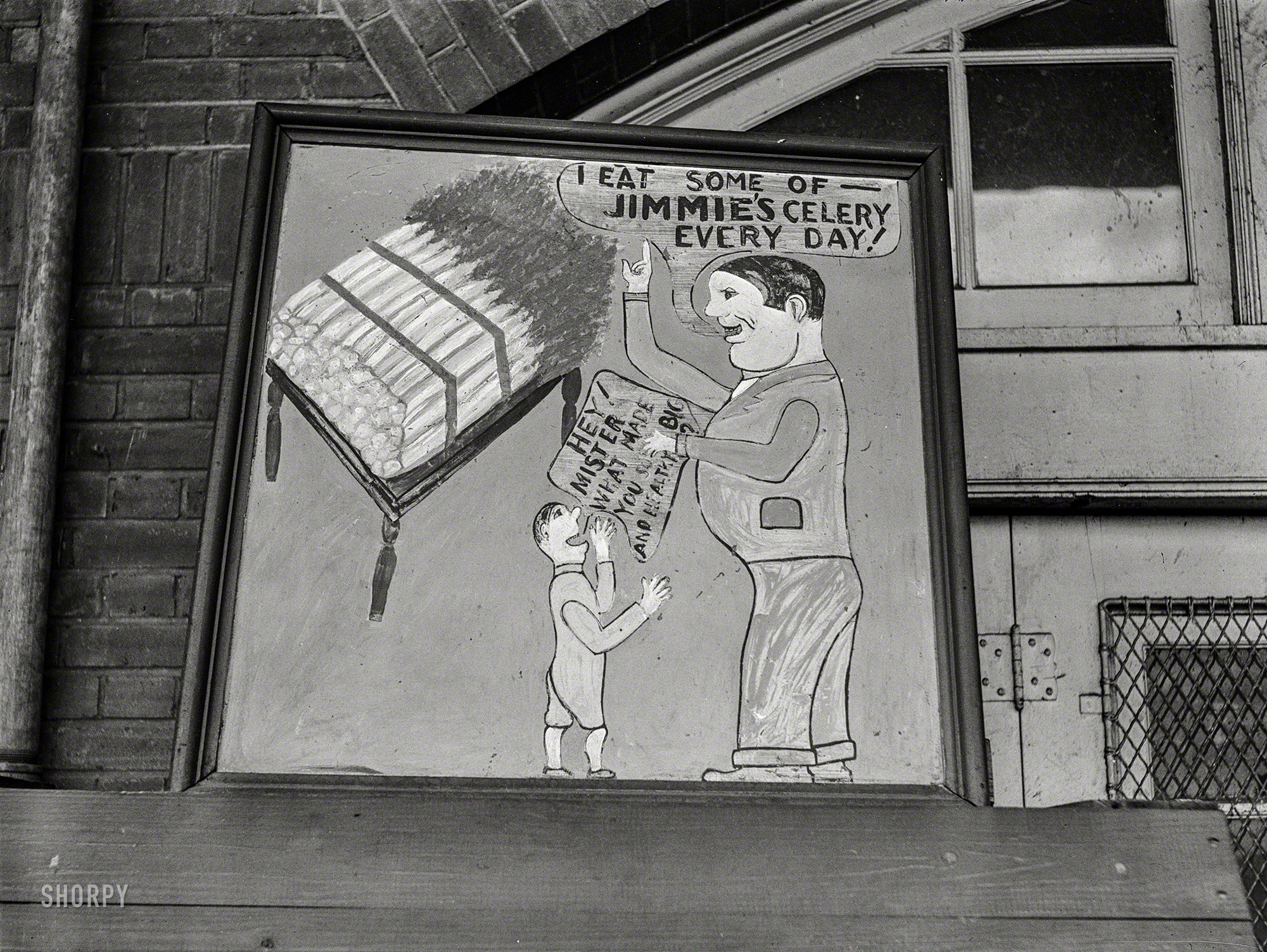 &nbsp; &nbsp; &nbsp; &nbsp; BOY: Hey! Mister what made you so big and healthy?
&nbsp; &nbsp; &nbsp; &nbsp; MAN: I eat some of &nbsp;—&nbsp; Jimmie's celery every day!
July 1939. Washington, D.C. "Sign in wholesale market." Medium format acetate negative by David Myers for the Farm Security Administration. View full size.