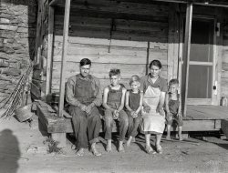 July 1937. "White sharecropper family, formerly workers in the Gastonia textile mills. When the mills closed down seven years ago, they came to this farm near Hartwell, Georgia." Medium format negative by Dorothea Lange. View full size.