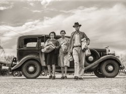 February 1942. "Weslaco, Texas. Farm Security Administration camp (Mercer G. Evans farm workers' community). Return from Saturday shopping. FSA client Nathan Drake at right." Medium format acetate negative by Arthur Rothstein. View full size.