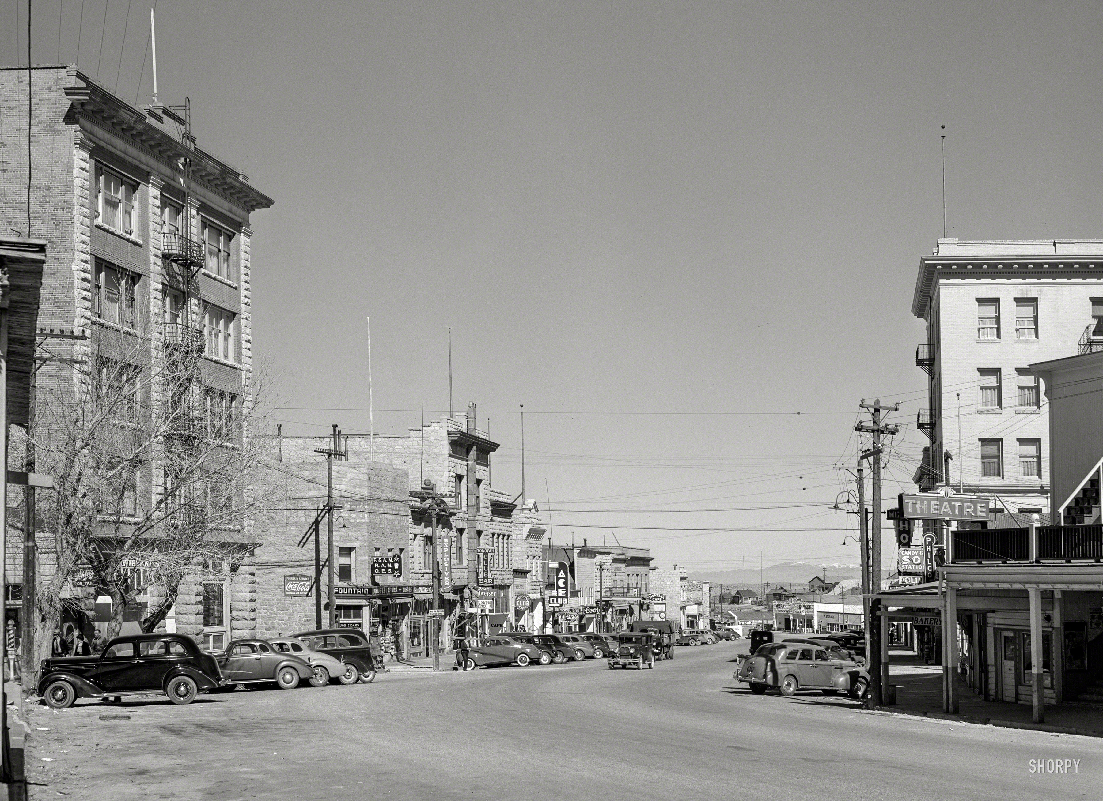 March 1940. "Main Street in Tonopah, Nevada." If you can't find us at the Ace or Tonopah clubs, try next door at EXPLOSIVES. Or maybe the F. & A.M. R.A.M. O.E.S. Medium format negative by Arthur Rothstein. View full size.