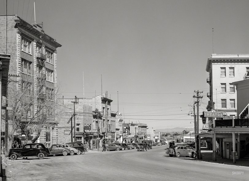March 1940. "Main Street in Tonopah, Nevada." If you can't find us at the Ace or Tonopah clubs, try next door at EXPLOSIVES. Or maybe the F. &amp; A.M. R.A.M. O.E.S. Medium format negative by Arthur Rothstein. View full size.
