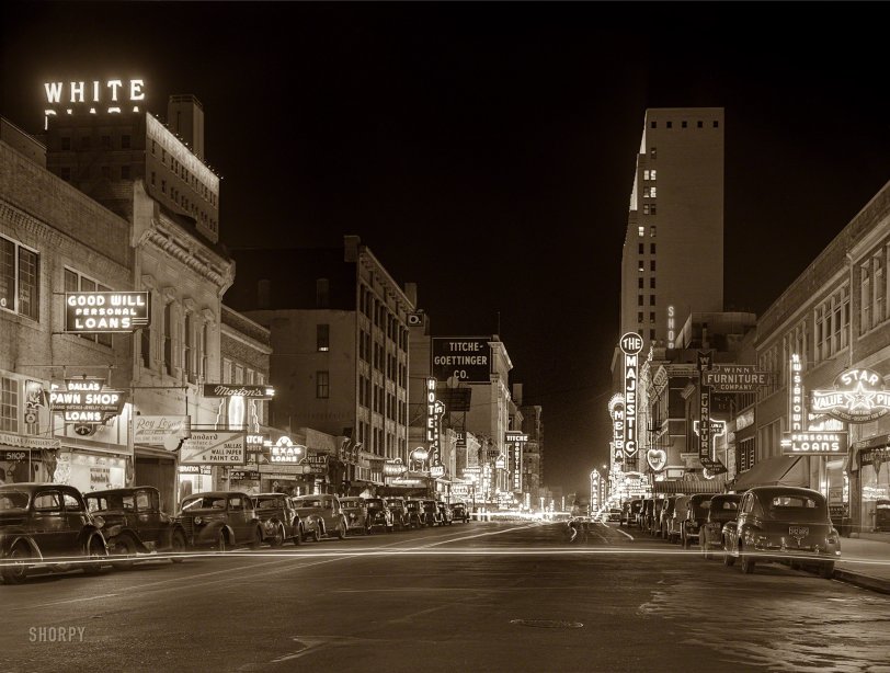 January 1942. "Elm Street -- Theater Row in Dallas." Medium format negative by Arthur Rothstein for the Farm Security Administration. View full size. 
