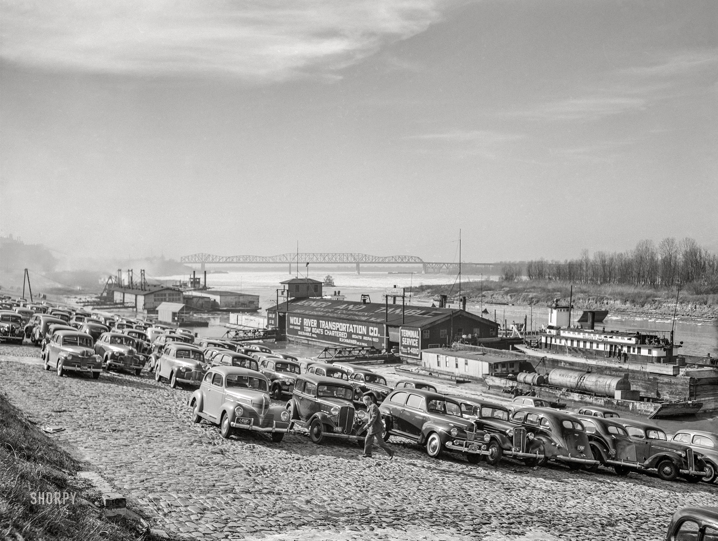 January 1942. "Memphis, Tennessee. Cars parked on Mississippi River levee." Medium format acetate negative by Arthur Rothstein for the Office of War Information. View full size.