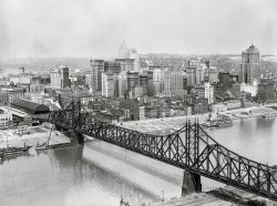 July 1938. "View of city of Pittsburgh, Pennsylvania." The Wabash Bridge over the Monongahela River. Medium format acetate negative by Arthur Rothstein. View full size.