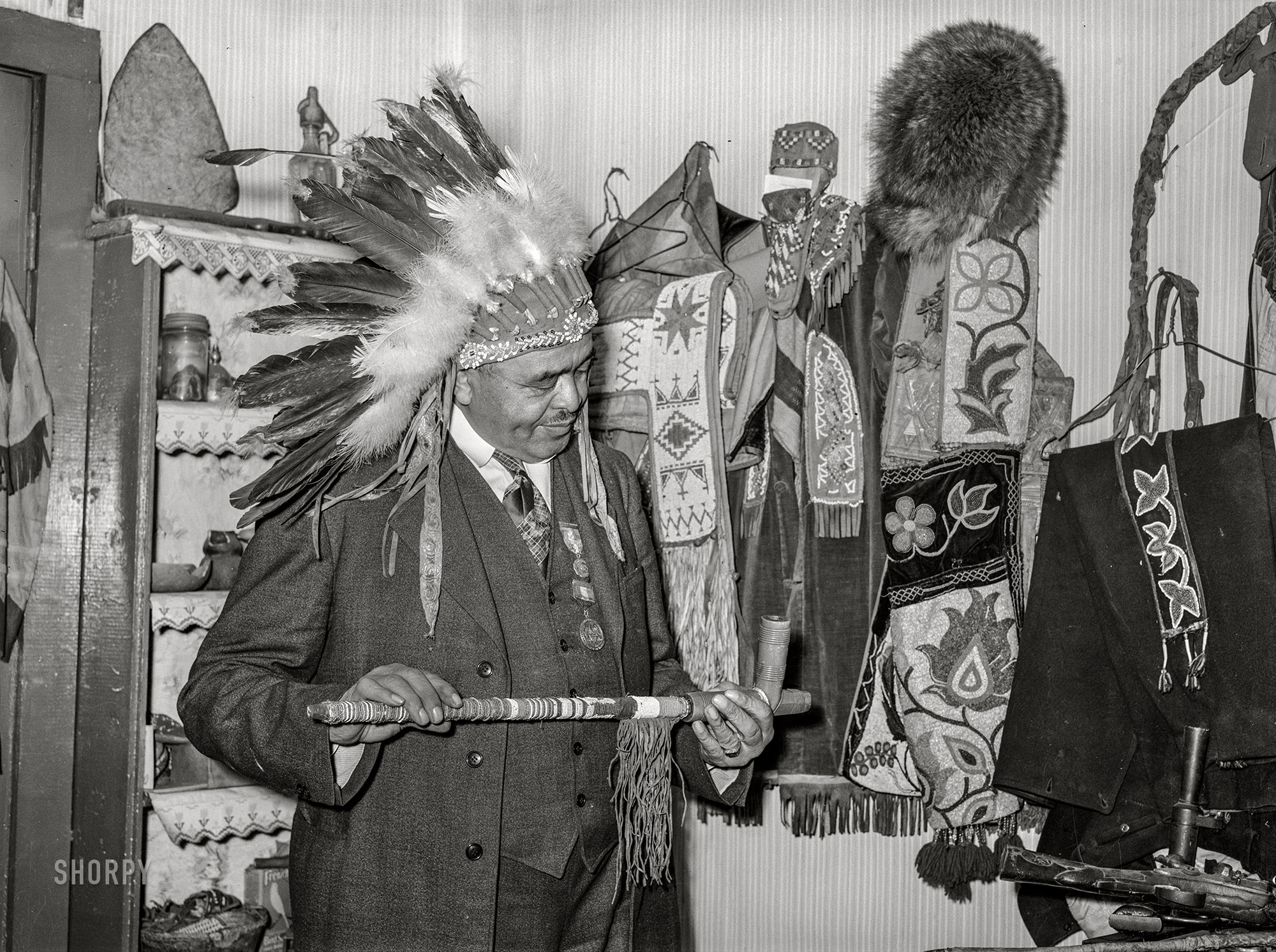 January 1939. "Dr. Springs with Indian relics. Colp, Illinois." Medium format acetate negative by Arthur Rothstein for the Farm Security Administration. View full size.