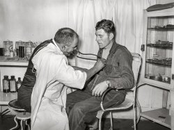 January 1939. "Dr. Springs examining patient. Colp, Illinois." Medium format acetate negative by Arthur Rothstein for the Farm Security Administration. View full size.