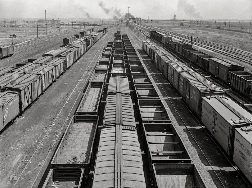 April 1939. "Rail yard. Newark, New Jersey." Medium format negative by Arthur Rothstein for the Farm Security Administration. View full size.
