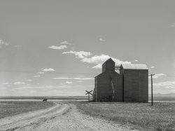 May 1939. "Grain elevators on Henry Sheffels' 6,000-acre wheat ranch. Cascade County, Montana." Medium format acetate negative by Arthur Rothstein for the Farm Security Administration. View full size.