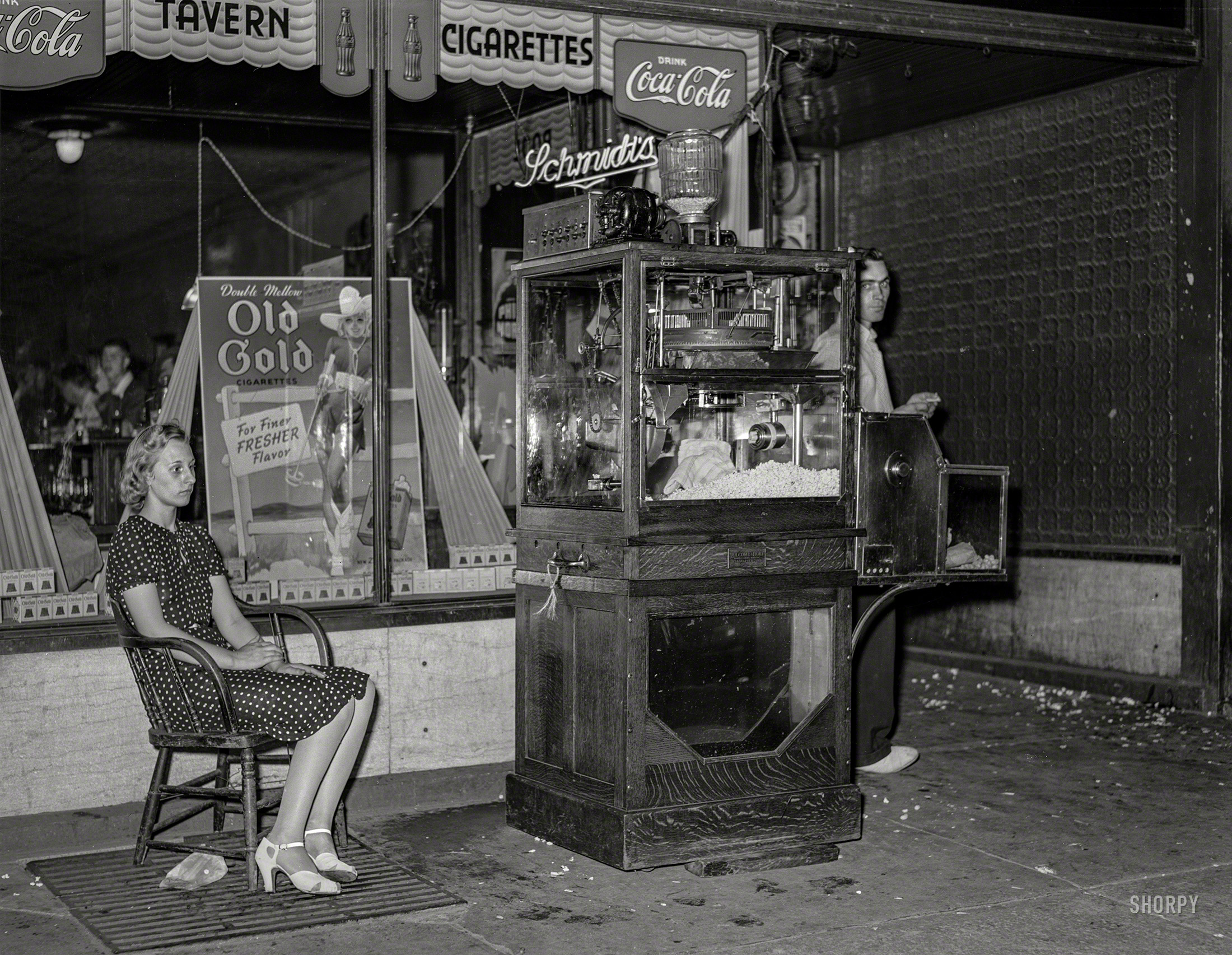 September 1939. "Popcorn stand. Iowa Falls, Iowa." Medium format negative by Arthur Rothstein for the Farm Security Administration. View full size.
