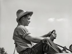 September 1939. "Bud Kimberley, a future farmer of America, driving a tractor. Jasper County, Iowa." The brother of Margaret, seen here yesterday. Photo by Arthur Rothstein for the Farm Security Administration. View full size.