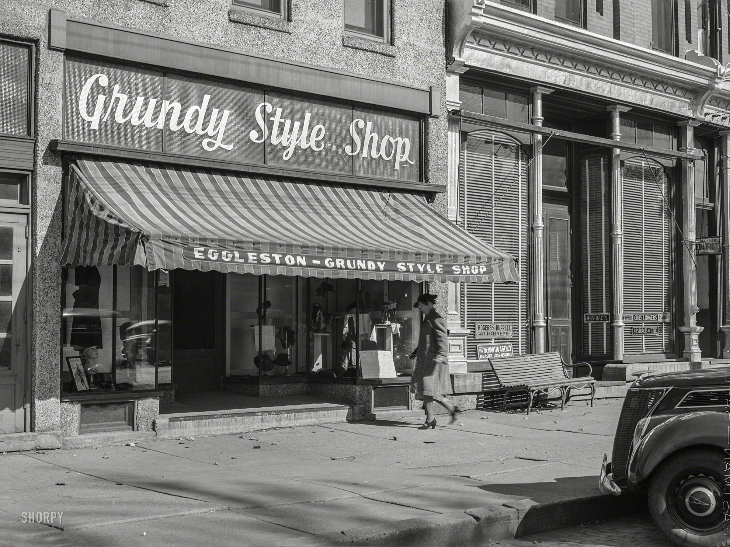 October 1939. "Store on main street. Grundy Center, Iowa." The Eggleston-Grundy Style Shop on G Avenue, to be exact. Medium format acetate negative by Arthur Rothstein for the Farm Security Administration. View full size.