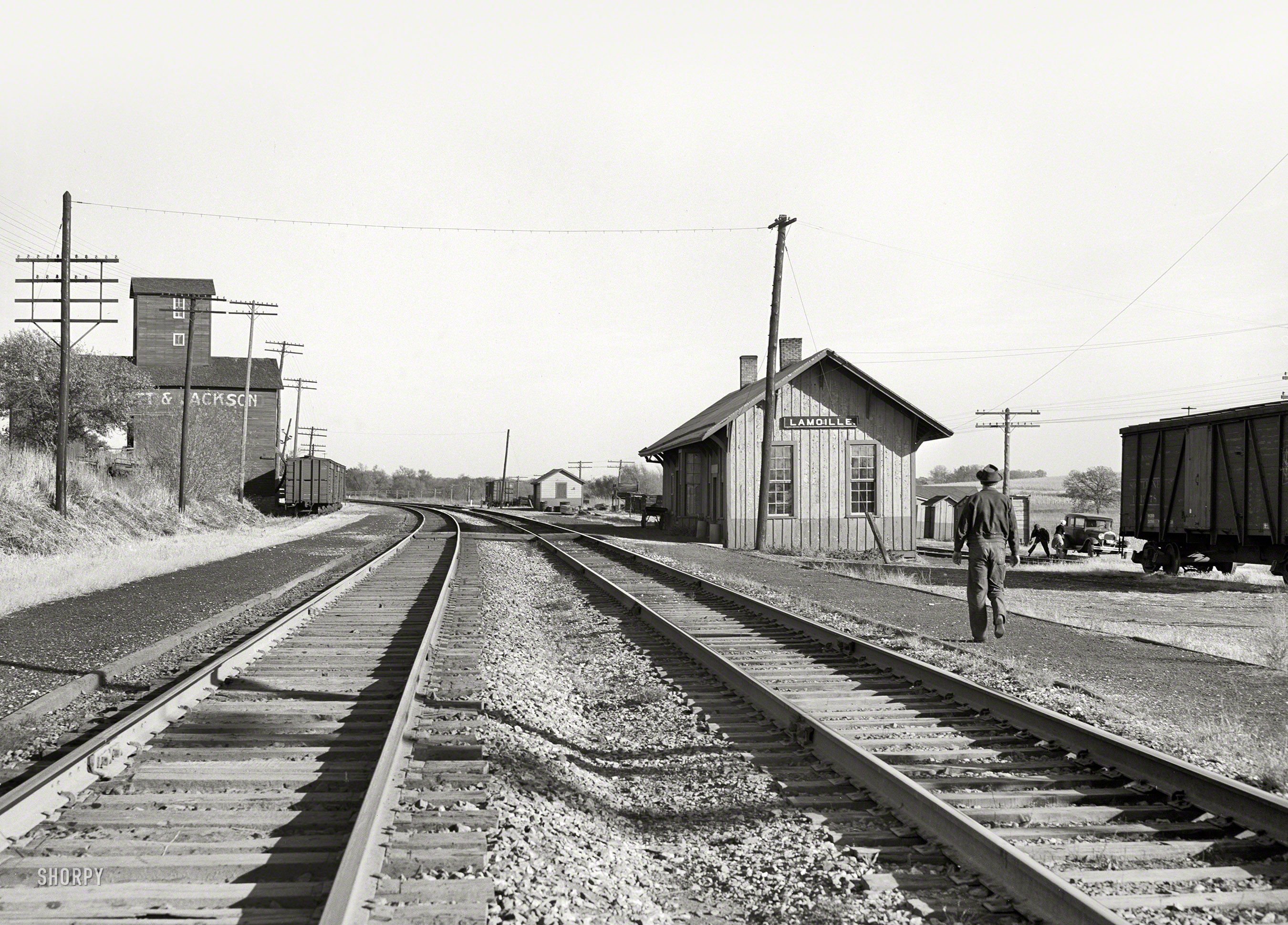 October 1939. "Railroad station. Lamoille, Iowa." Medium format negative by Arthur Rothstein for the Farm Security Administration. View full size.