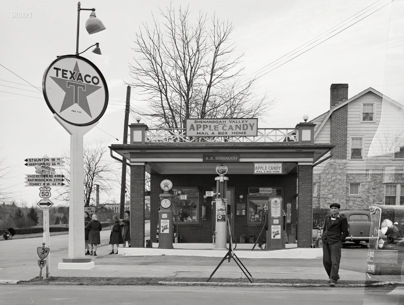 &nbsp; &nbsp; &nbsp; &nbsp; An alternate view of the Apple Candy Texaco last seen here, along with a double exposure of what would have been the right edge of that photo if not for a film-loading glitch.
February 1940. "Gas station along Highway U.S. 50. Winchester, Virginia." Medium format negative by Arthur Rothstein for the FSA. View full size.
