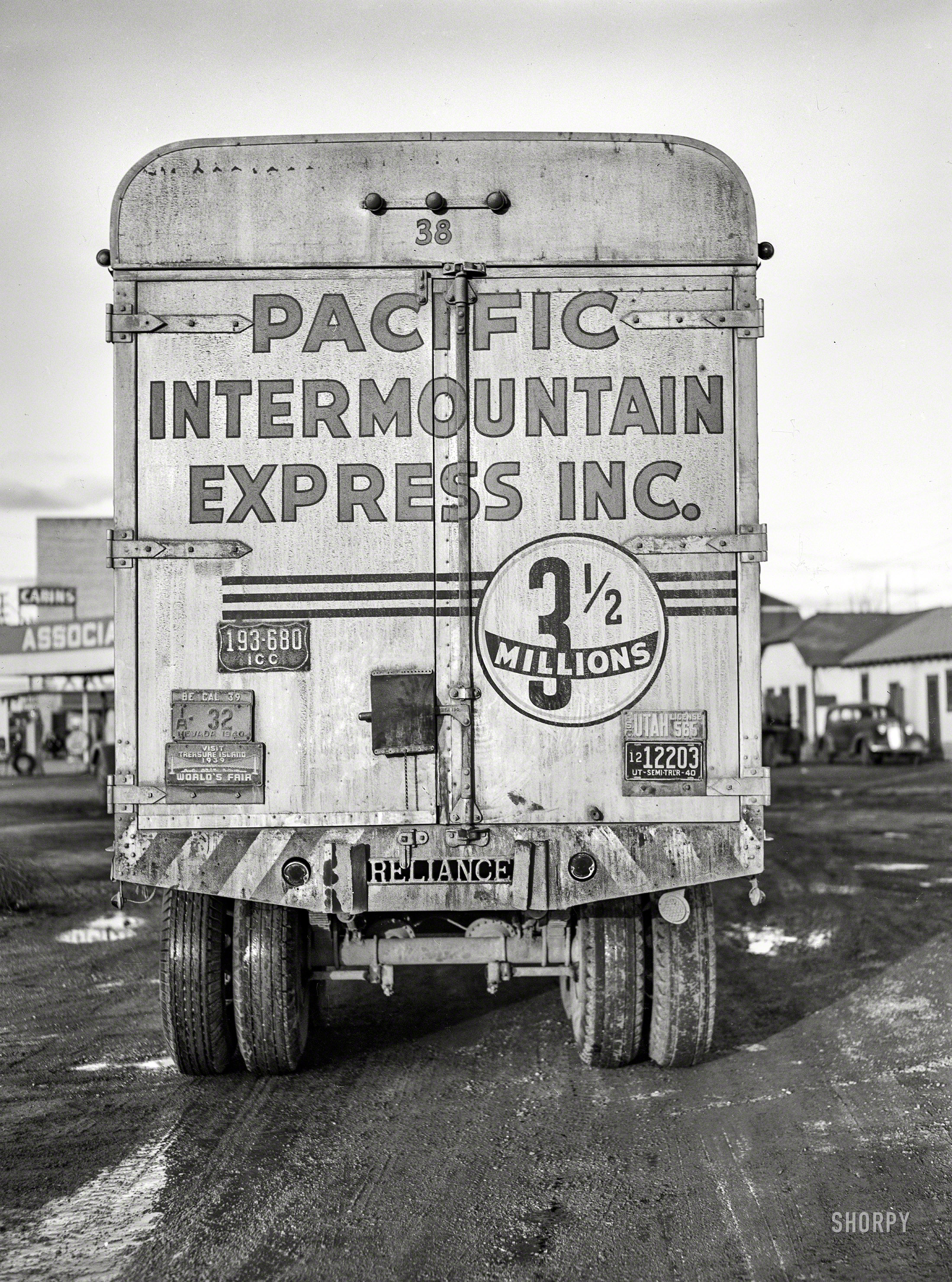 March 1940. "Rear of interstate truck. Elko, Nevada." Medium format negative by Arthur Rothstein for the Farm Security Administration. View full size.