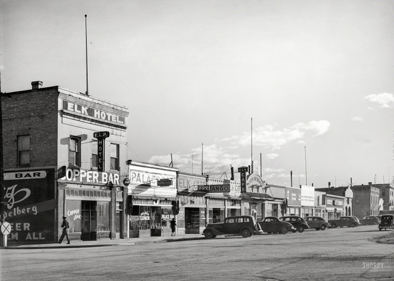 March 1940. "Stores on main street. Elko, Nevada." Medium format negative by Arthur Rothstein for the Farm Security Administration. View full size.
