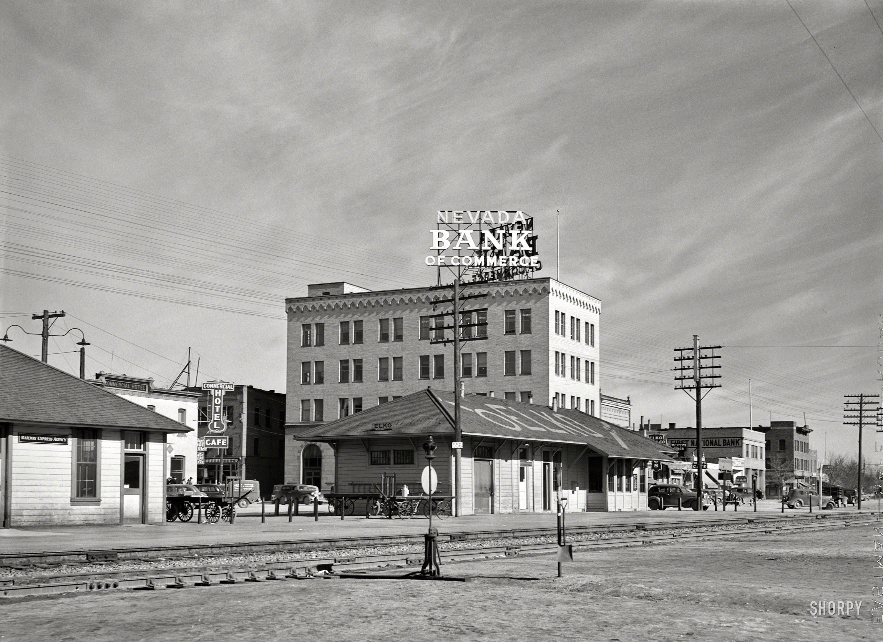 March 1940. "Railroad station. Elko, Nevada." Medium format negative by Arthur Rothstein for the Farm Security Administration. View full size.
