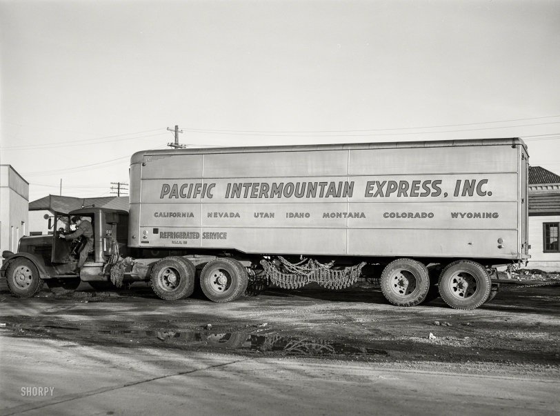 March 1940. "Interstate trailer truck at Elko, Nevada." Medium format negative by Arthur Rothstein for the Farm Security Administration. View full size.
